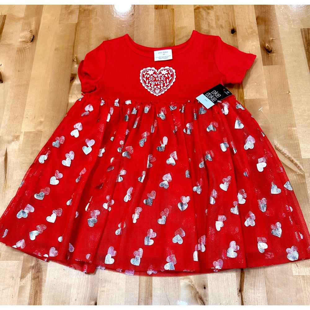 Okie Dokie Tutu Dress Toddler Girls 2T Red New Heart Glitter Whimsical